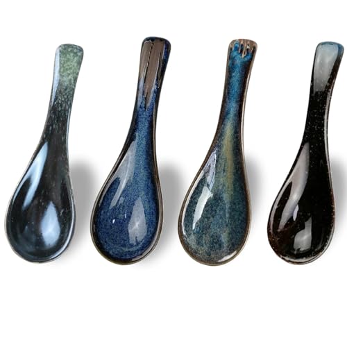 Asiatische Suppenlöffel Set, 4 Stücke Japanische Art-Blaue Keramik Suppenlöffel, Ramen löffel, kreative Porzellanlöffel für Suppen, Retro...