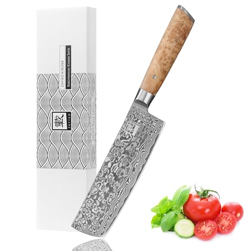 zayiko Kinone Premium Nakirimesser Classic mit 17,5 cm Klinge gefertigt aus 67 Lagen echtem Damaststahl mit Wurzelholzgriff Birke I Damastmesser Küchenmesser und Profi Kochmesser