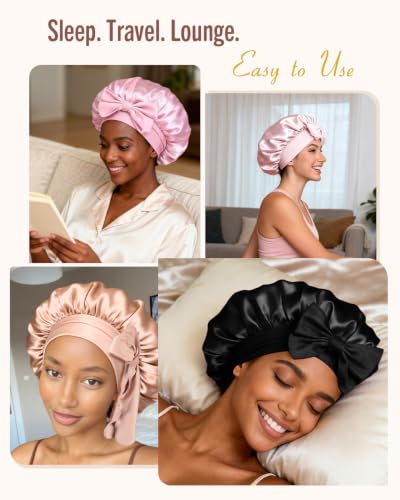Image of BONNET QUEEN Double Layer Silk Bonnet for Sleeping for Women Satin Lined Bonnet Night Cap for Curly Hair with Tie Band,Champagne