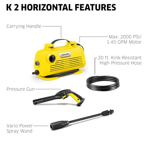 Image of Karcher Pressure Washer K 2 Horizontal, Vario Power Spray Wand - for Cars, Decks, Driveways, Siding, Patios, max. 2000 PSI 1.2 max. GPM
