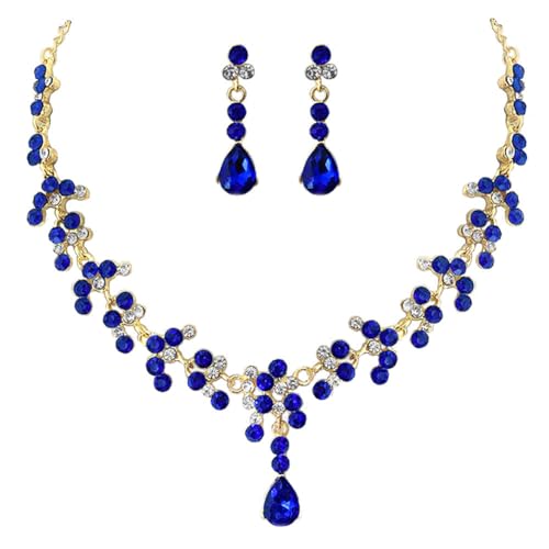 Carufin MARIAGE CRISTAL collier boucles d'oreilles ensemble collier de mariée femmes et filles bijoux accessoires (Bleu)