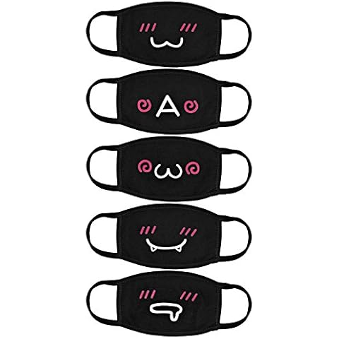 Aniwon Kawaii Muffle Mask, 5 Pack Anti-Dust Anime Cotton Mouth Mask Cute Kaomoji Face Mask Cover