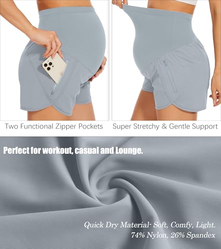 Image of PACBREEZE Women's Maternity Shorts Over Belly Quick Dry Workout Athletic Running Shorts with Zipper Pockets