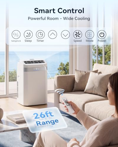 Image of 14000BTU 4-in-1 AC Unit, Cools 700 Sq.Ft, Ultra Quiet | 14000BTU AC cools 700sq.ft, 4-in-1 cool /fan /dry /sleep, quiet, LED, remote, 24H timer, auto swing, kit, for bed /office /dorm.