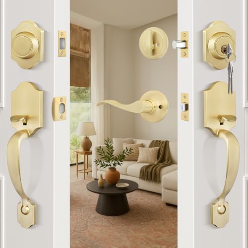 Image of Haidms Gold Front Door Lock Set - Heavy Duty Double Door Handle With Deadbolt, Handleset With Dummy, Reversible Handle Lever for Double Front Door Hardware