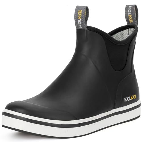 Kalkal Men's Deck Boots Anti-Slip Saltwater Fishing Rain Boots with Memory Foam, Waterproof Rubber Ankle Work Boots for Sailing (Mystery Black, Size10.5)
