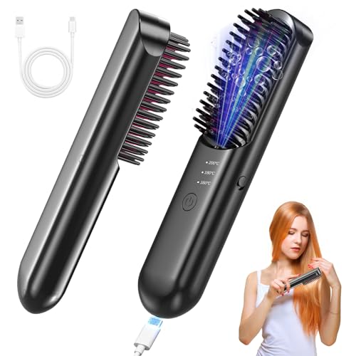 Anluomafuy Spazzola Lisciante per Capelli, Piastra Capelli Professionale, Piastra Lisciante Ionica Ricaricabile, Senza Fili Mini Portatile Spazzola Elettrica Lisciante per Capelli Lisci, Ricci e Mossi