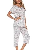 ENJOYNIGHT Womens Pajama Sets Cotton Pj Set Short Sleeve Top With Capri Pants Sleepwear 2 Piece Lounge Set(XX-Large,Coffee Cup)
