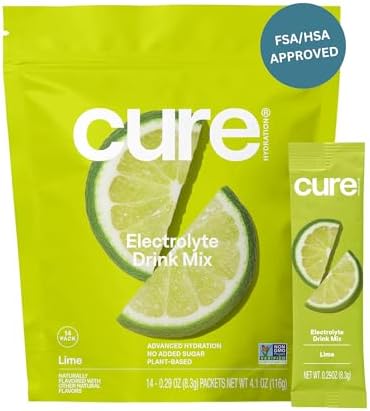 Cure Hydration | Plant-Based Electrolyte Drink Mix | No Added Sugar | FSA-HSA | Dehydration Relief Powder Made with Coconut Water | Non-GMO | Vegan | Pouch of 14 Packets - Lime