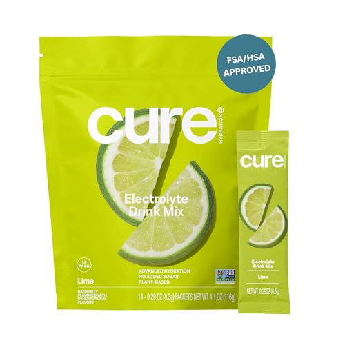 Image of Cure Hydration | Plant-Based Electrolyte Drink Mix | No Added Sugar | FSA-HSA | Dehydration Relief Powder Made with Coconut Water | Non-GMO | Vegan | Pouch of 14 Packets - Lime