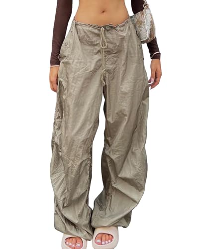 Neyaolk Parachute Pants for Women, Drawstring Elastic Low Waist Y2k Cargo Pants Women Baggy with Pockets