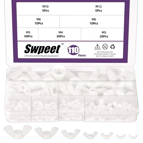 Swpeet 110Pcs 7 Sizes M3 M4 M5 M6 M8 M10 M12 Metric White Nylon Wing Nuts Butterfly Nut Assorment Kit, Hand Twist Tighten Ear Butterfly Nut Plastic Fastener Nuts for Home Automotive Shop Use