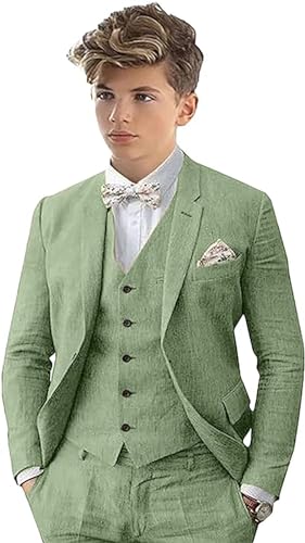 Leader of the Beauty Traje de lino de 3 piezas para niño, con etiqueta de pico, ajuste delgado, traje de esmoquin de un solo pecho para boda, novio, verde, 14 años