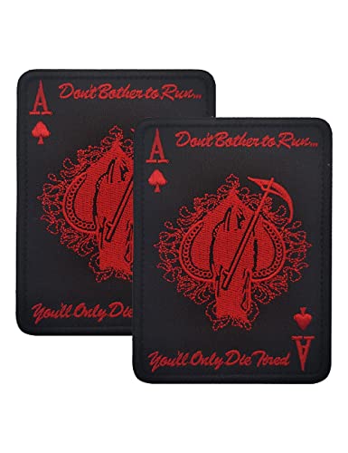 2 PCS AliPlus Poker Ace of Spades Patches Grim Reaper Death Patch Embroidered Tactical Morale Patch Hook Fastener Backing(Red Black)