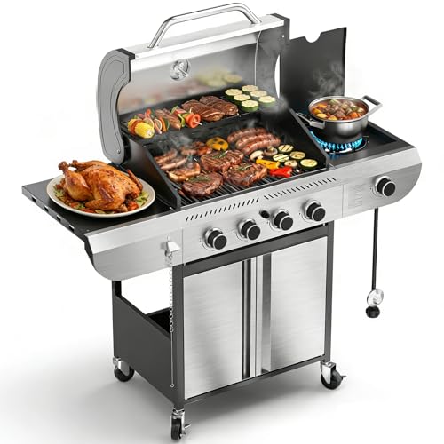 COWSAR 4-Burner Propane Gas Grill with Porcelain-Enameled Cast Iron Grates and Side Burner, Stainless Steel BBQ Grill with 575 Sq. In. Grilling Area for Outdoor Barbecue Cooking, 42,000 BTUs