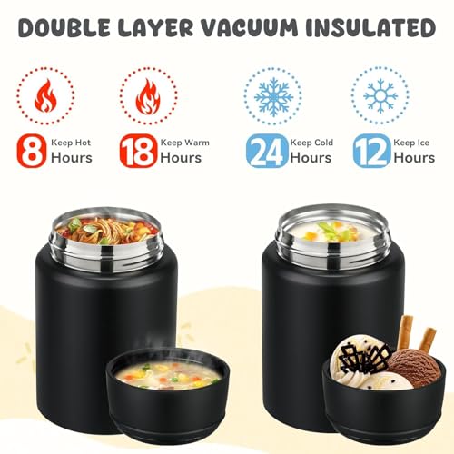 Image of Insulated Food Jar with Folding Spoon | 304 Stainless Steel Lunch Pot, Leak Resistant Wide Mouth Thermos for Hot & Cold Food | Soup Container for Office Travel (550ml, Black)