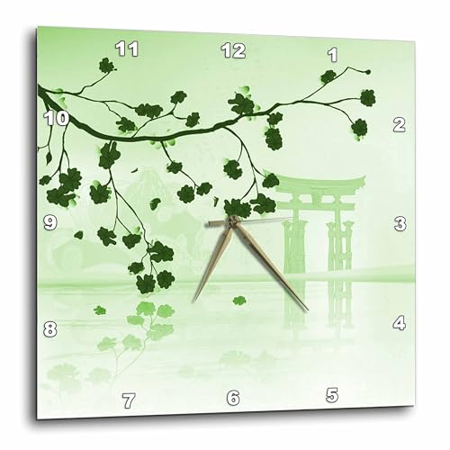 3dRose DPP_78462_1 Pretty Green Cherry Clossoms Against A Peaceful Green Oriental Scene-Wall Clock, 10 by 10-Inch
