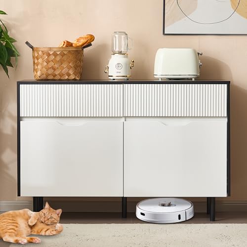 HAINEW Cómoda moderna con 2 puertas y 2 cajones, armario de almacenamiento para bufé, armario auxiliar para cocina, comedor y salón, color blanco y negro