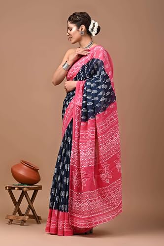 Image of Hand Block Printed Cotton Mulmul Saree | Soft Lightweight Summer Saree | Pure Cotton Traditional Indian Saree for Women