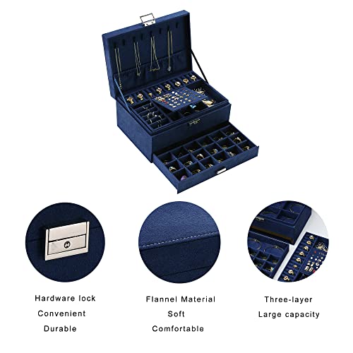 Zuzooq Women Jewelry Organizer Box, 3-Layer Velvet Jewelry Boxes Display Storage Case With Lock For Rings Necklace Earrings (Navy Blue) Zuz002C #TOP5
