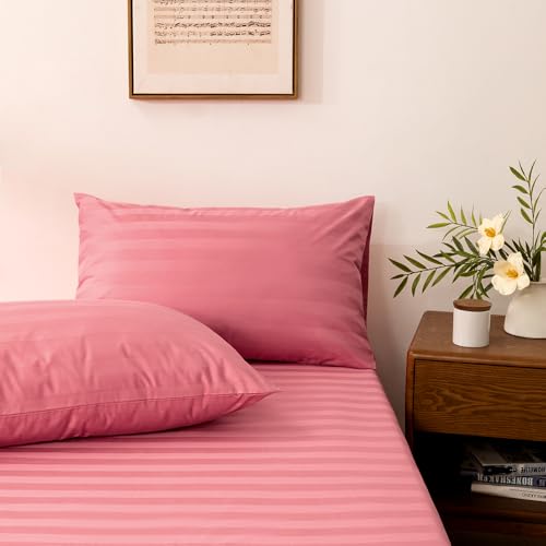 NookZuzu 2 Piece Cotton Stripe Fitted Sheet and Pillowcase Set Including 1 Twin Pink Fitted Sheet & 1 Pillowcase Set Organic Cotton Deep Pocket Fitted SheetNO Flat Sheet Included Soft and Cooling