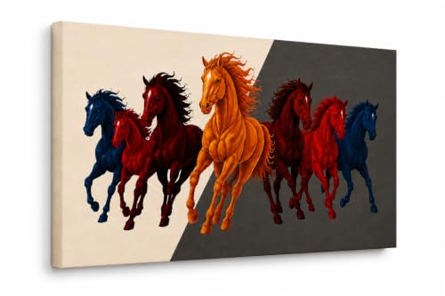 Image of 7 Horse Vastu Sunrise Canvas Painting | Positive Energy Wall Decor | Big Size Premium Running Horses Artwork for Home, Office & Hall Decoration (Modern, Red Black Horse, 26x18 Inch)