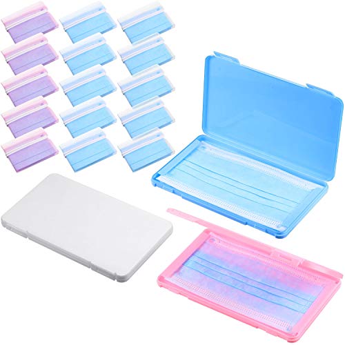 3 Pieces Plastic Portable Face Cover Storage Boxes and 15 Pieces Face Cover Storage Clip Foldable Storage Bag Easy to Carry, Reusable