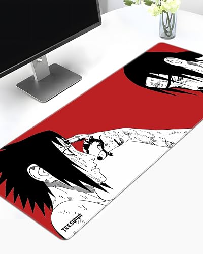 Image of Stitched Itachi & Sasuke Uchiha Desk Mat Anime XL Gaming Mouse Pad 12x31 Inch -Mouse Pad with Stitched Edges, Smooth Surface, Anti-Slip Rubber Base, Water Resistant