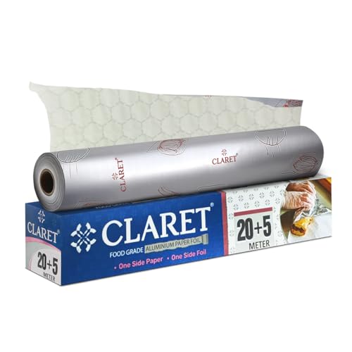 Image of Claret 2 in 1 Aluminium Foil & Paper Roll for Food Wrapping | Wrap Roti & Fresh Kitchen Food Essential | Keep Food Warm | Non Stick | 20+5 M Length | Pack of 1