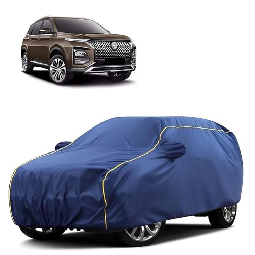 Image of Sulfar 100% Water Resistant Car Body Cover Compatible with Mirror for MG Hector (Triple Stitched, Full Bottom Elastic, Blue Taffeta with Yellow Piping)