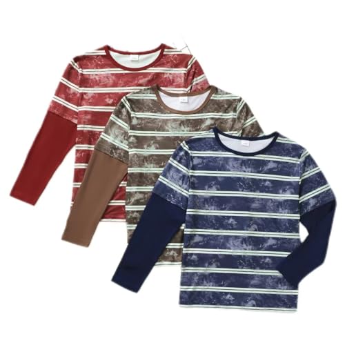 PureChapter 3 Pack Boys’ Fashion Layered Striped Tshirt Crew Neck Long Sleeve Casual Boys Clothes Perfect for Fall & Winter