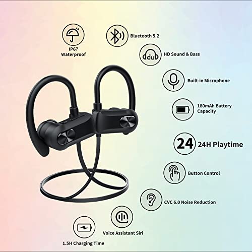 Justrvn Sports Wireless Earphone,Bluetooth Headphone With 24Hrs Playtime,Bluetooth Headsets V5.2 Hd Bass With Ip67 Waterproof,Noise Cancellation Earbuds W/Ear-Hooks For Gym Jogging Workout #TOP3