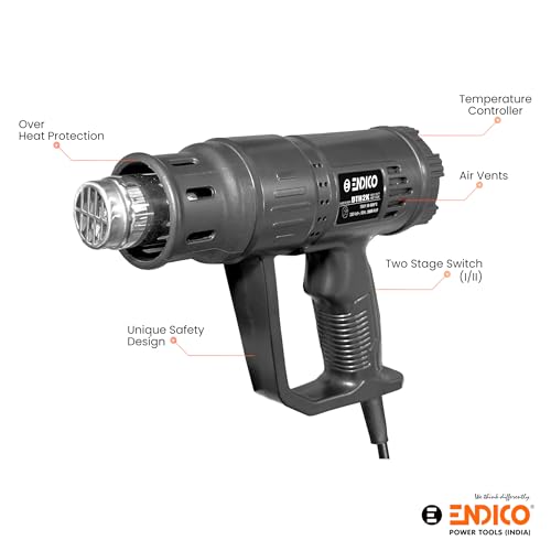 Image of ENDICO DTH2K Heat Gun 2000W with Temperature Control (50-600C), Dual Speed Switch & Long Life Heating Element | Hot Air Gun for Car Wrapping, Paint Removal & Shrink Wrapping | 6 Months Warranty