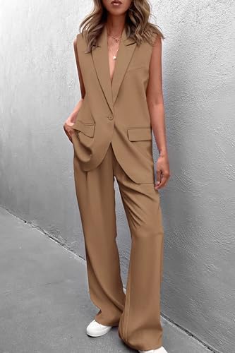 Image of PRETTYGARDEN Women's 2 Piece Outfits Sleeveless Suit Vest and Wide Leg Pants Business Casual Blazer Sets