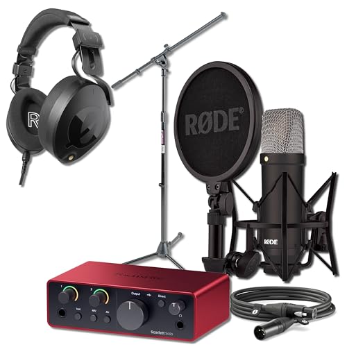 Rode NT1 Signature Black Condenser Mic Bundle with MS7701B Stand, NTH-100 Headphones, and Scarlett Solo 4G — 4 dBA Self-Noise XLR Studio Mic for Singing, Vocal Recording, Voice Over, Music Production
