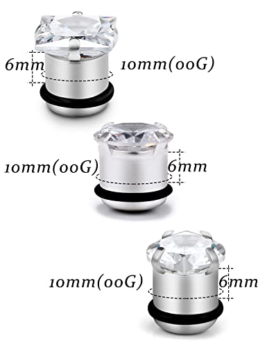 Vsnnsns 8G 6G 4G 2G 0G 1/2 inch Stainless Steel Ear Gauges - Round, Square, Heart, Cubic Zirconia - 3mm to 12mm - Silver, 3 Pairs2