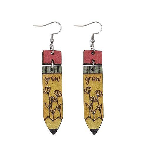 Cute Pencil Book Earrings Wooden Teacher Earrings for Women Lightweight Double Side Print Drop Dangle Earrings for Teacher Student