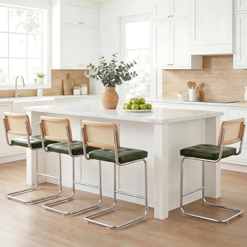 Image of Zesthouse Natural Rattan Bar Stools Set of 4, Modern Counter Height Stools with Solid Wood Back, 26'' Counter Height Chairs, Mid Century Cantilevered Bar Chairs for Kitchen Island, Faux Leather Green