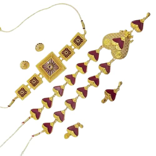 Jabells Gold Plated Shakha Pola Necklace Set with Earrings C, Metal
