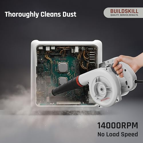 Image of BUILDSKILL 525W Air Blower Machine with 14000 RPM No Load Speed | Air Flow of 3.6 m3 /min | Continuous Start Switch | Protection Cap | Ideal Leaf Blower for Cleaning Dust PC, Car, Homes etc. | Grey