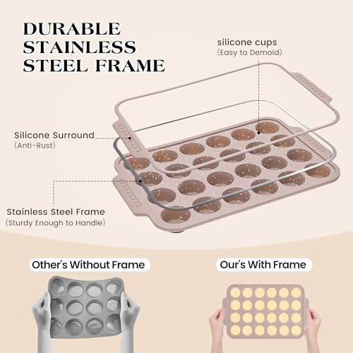 Image of 2 Pcs Silicone Muffin Pans for Baking with Metal Reinforced Frame, Nonstick Cupcake Tray for Oven, 24 Cups Mini Size Silicone Molds for Egg Bites, Dishwasher Safe (Brown, Cream)