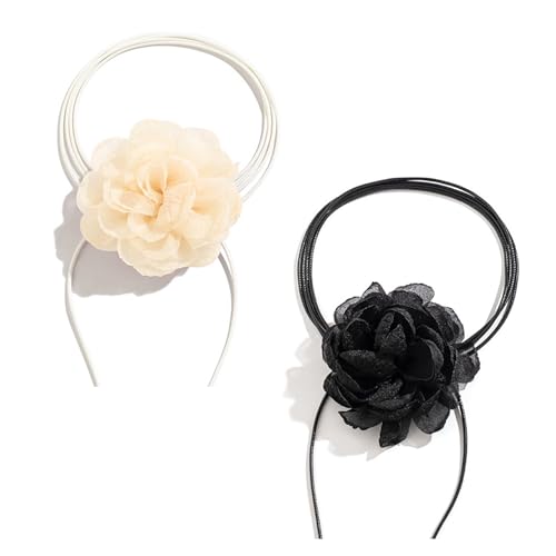 Hifot 2 peças colar gargantilha flores mulher, punk colar preto mulher, colar gótico de rosa de tecido ajustável para noiva casamento festa aniversário chocolate colar bege preto, Não, Sem Pedra