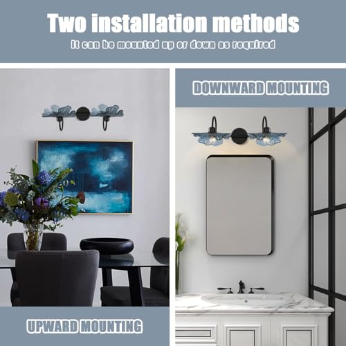 Image of 2-Light Glass Wall Mount Light Matte Black Wall Sconce Art Deco Blue Glass Bathroom Lights Fixtures Vintage Vanity Lights Over Mirror for Bedroom Hallway Living Room