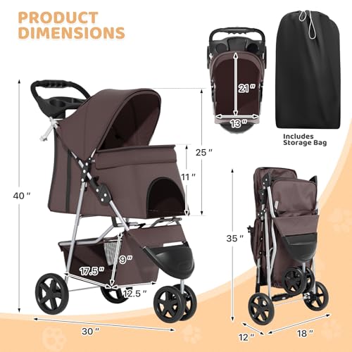 Image of Magshion 3-Wheel Pet Stroller, Foldable Travel Jogger for Small & Medium Dogs & Cats (Up to 33lbs), Lightweight Carrier with Breathable Mesh Cover, Cup Holder & Storage Basket, Coffee