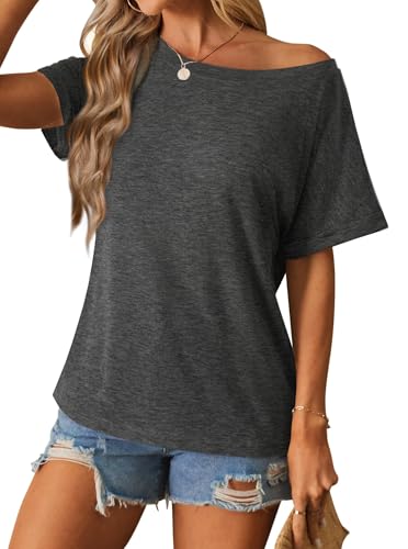 Image of Hilinker Womens Sexy Off The Shoulder Tops Short Batwing Sleeve T Shirt Oversized Casual Tee Charcoal Heather Large