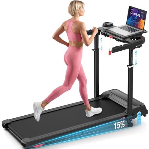 Image of Treadmill with Desk Workstation & Adjustable Height, 450 lbs Weight Capacity, Folding Incline Treadmill with Handle Bar, Portable Ultra-Quiet 3.5HP Walking Pad Treadmill with Desktop for Home Office