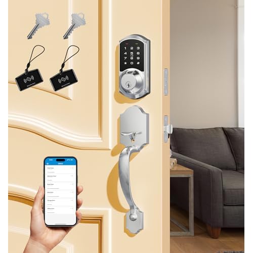 Veise VE07-H Fingerprint Smart Locks for Front Door with Handle Set, App Control, Keyless Entry Keypad Deadbolt, Digital Electronic Touchscreen, Easy Install, Auto Lock, Matte Black Matte Bl