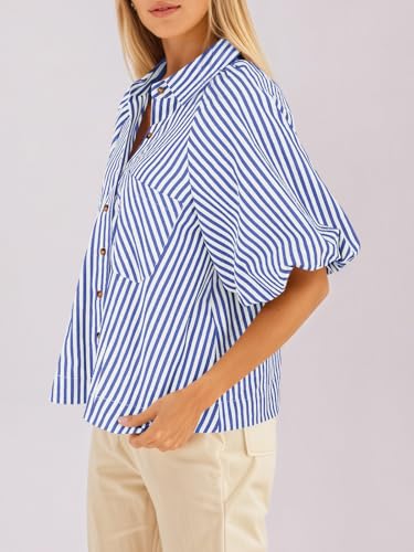 Image of Tankaneo Womens Short Puff Sleeve Button Down Shirts Striped Trendy Casual Loose Fit Blouse V Neck Collared Tops