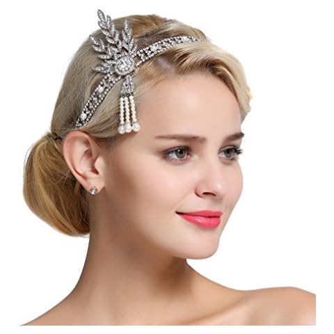 FAIRY COUPLE Art Deco 1920s Flapper Great Gatsby Leaf Bridal Tiara Pearl Headpiece Headband Silver Cover