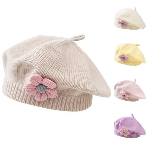 Image of Winmany Baby Beret Hat Toddler Winter Knitted Beanie Cap with Cute Flower Little Girls French Hat for 0-3Years